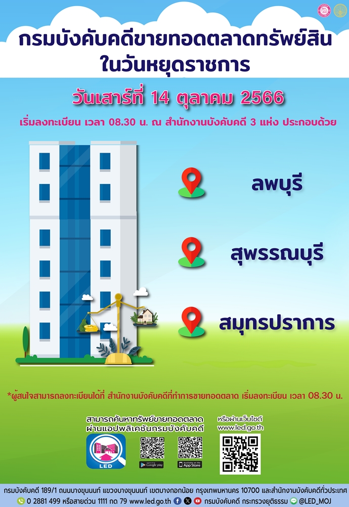 กรมบังคับคดีจัดการขายทอดตลาดในวันหยุดราชการ วันเสาร์ที่ 14 ตุลาคม 2566